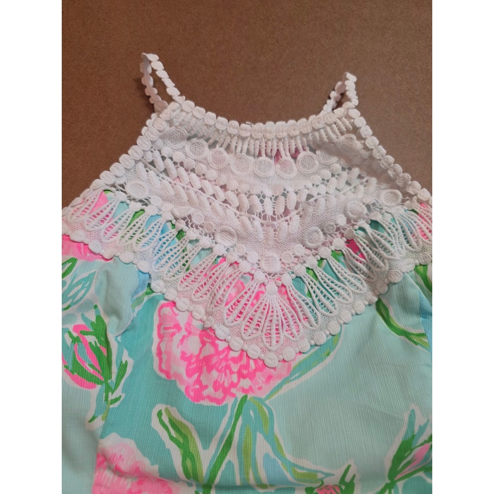 Lilly Pulitzer Girls Pink Aqua Floral Lace Halter Shift Dress Size 16 - Picture 7 of 8